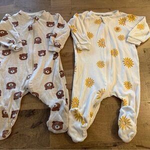 Pekkle bundle Bear and Sunflower Print Kids One Pieces footies size 6 months